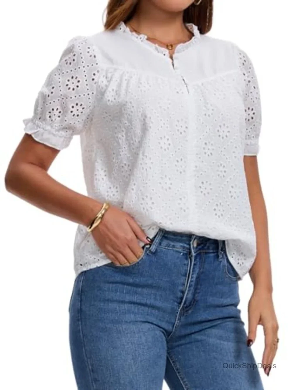Eyelet Lace Embroidered Short Puff Sleeve Blouse Dressy Casual Summer Top